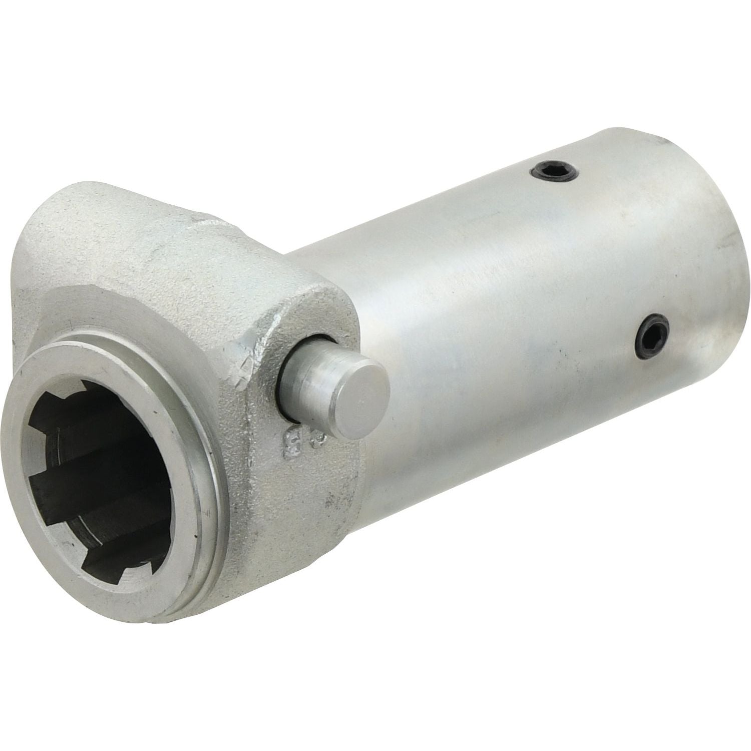 The Sparex PTO Pump Adaptor - Bore ⌀15/16'' x Female spline 1 3/8'' - 6 with Grub Screw. - S.15229 is a cylindrical metal tool featuring a hexagonal opening and multiple small holes along its side, designed for standard duty applications up to 70HP.
