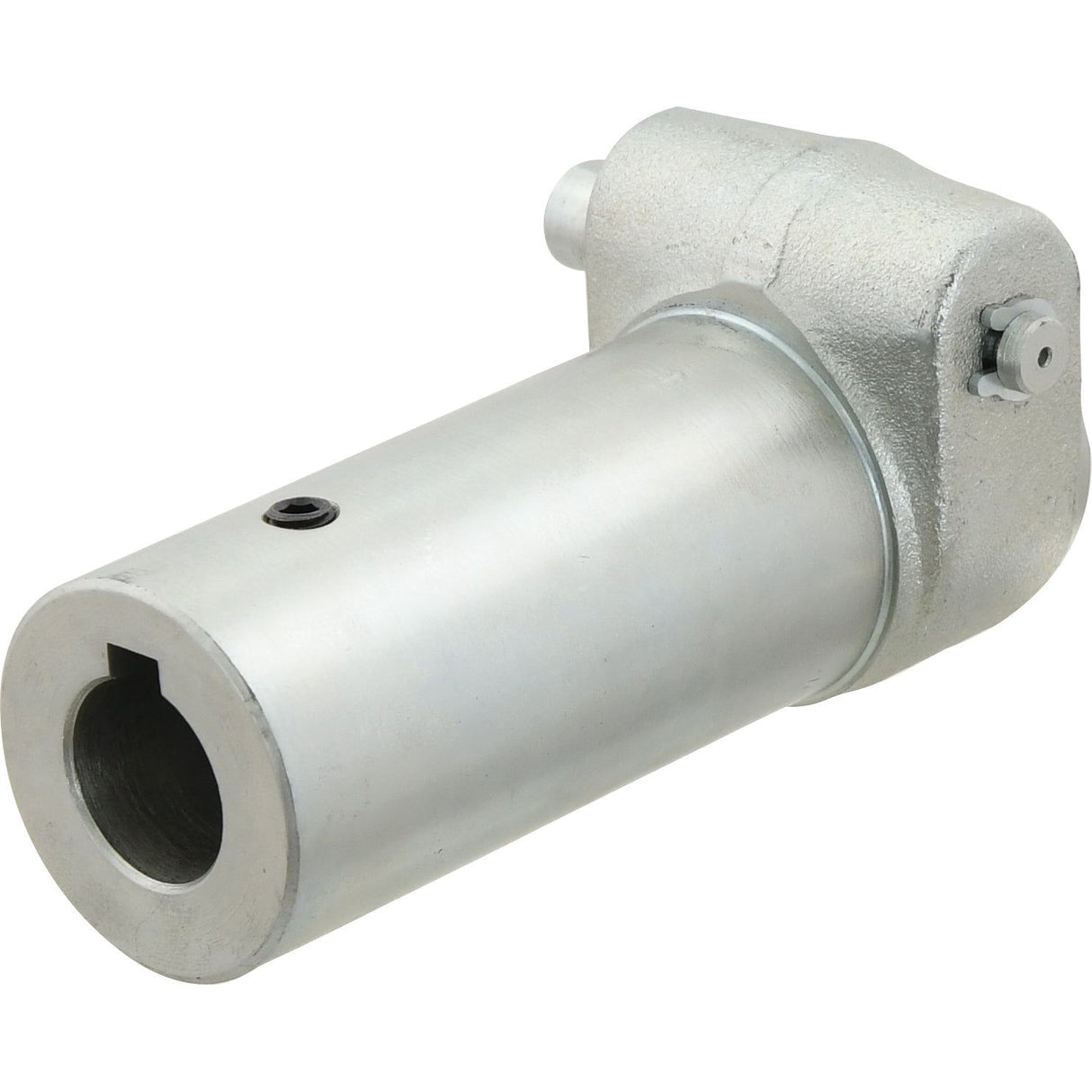 The Sparex PTO Pump Adaptor (Product S.15229) is a standard duty silver hydraulic cylinder component capable of handling up to 70HP. It features a cylindrical body with a circular opening at one end (Bore ⌀15/16'') and a smaller protrusion with a female spline 1 3/8'' - 6 and grub screw at the other end.