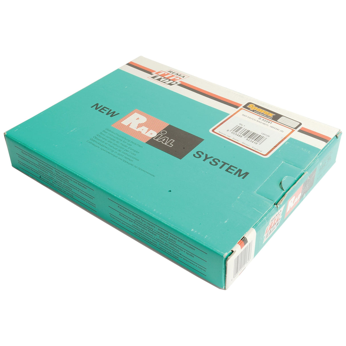 A teal cardboard box labeled "Sparex Repair Patch - Radial (182TL) 185 x 240mm | Sparex Part No. S.152845" with a barcode and additional text on the top, alongside a small sticker indicating "Tip Top." The box shows some visible wear and tear.