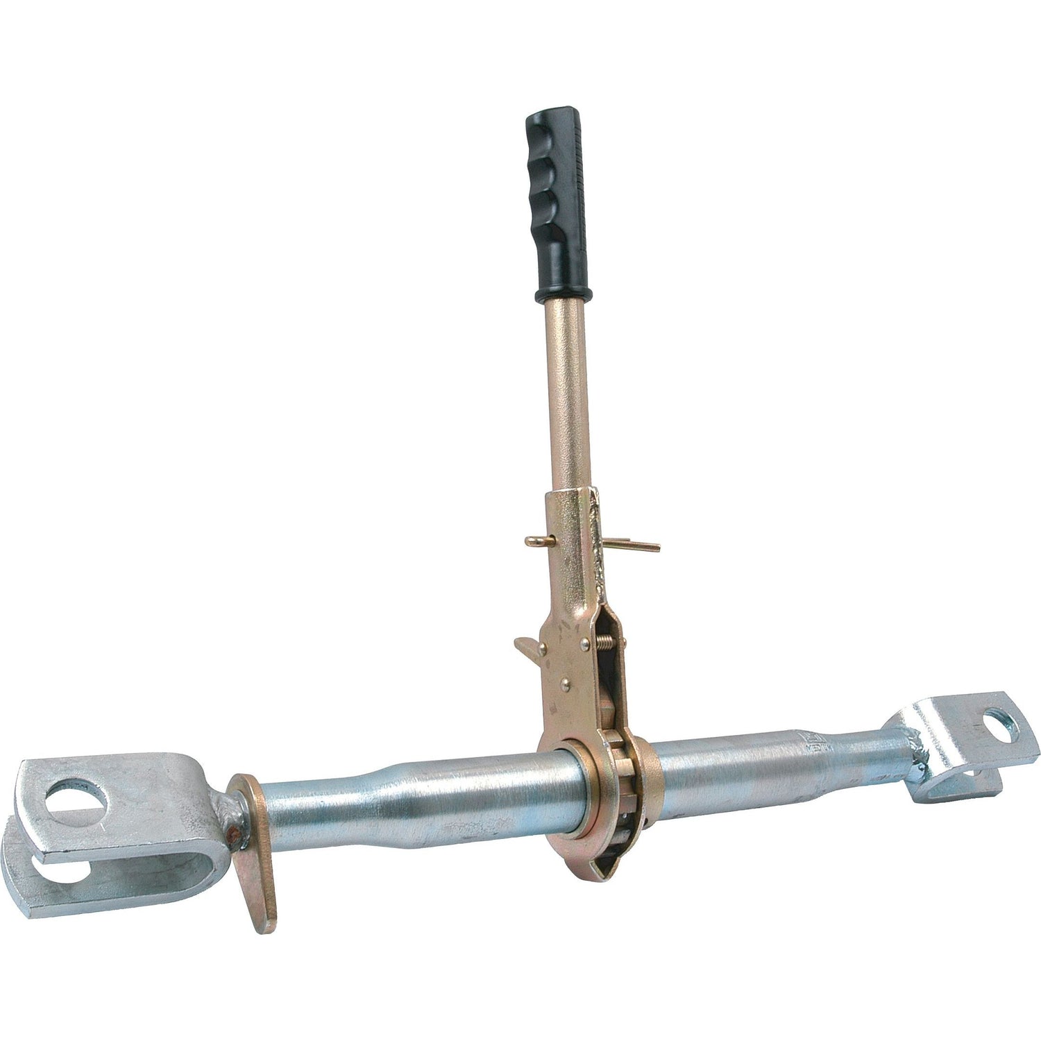 The Sparex Ratchet Link Assembly - Double Clevis - S.15293 is a metal locking device with a lever handle and two ends, designed to connect to other components for securing or tightening purposes, and featuring an adjustable thread size.