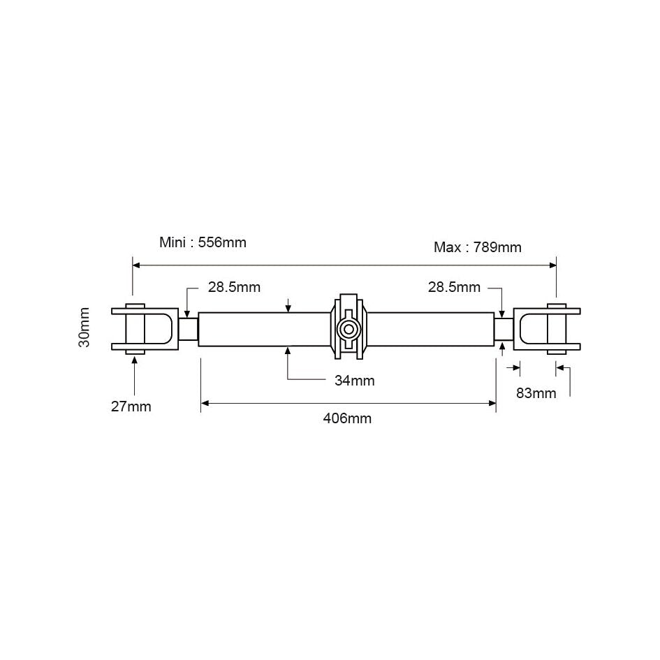 Technical diagram of the Ratchet Link Assembly - Double Clevis - S.15293 from Sparex with labeled measurements: Minimum length 556mm, Maximum length 789mm, and several other dimensions such as 30mm, 27mm, 83mm, and 406mm are indicated. Additionally, specific tube lengths and thread sizes for the Double Clevis are detailed.