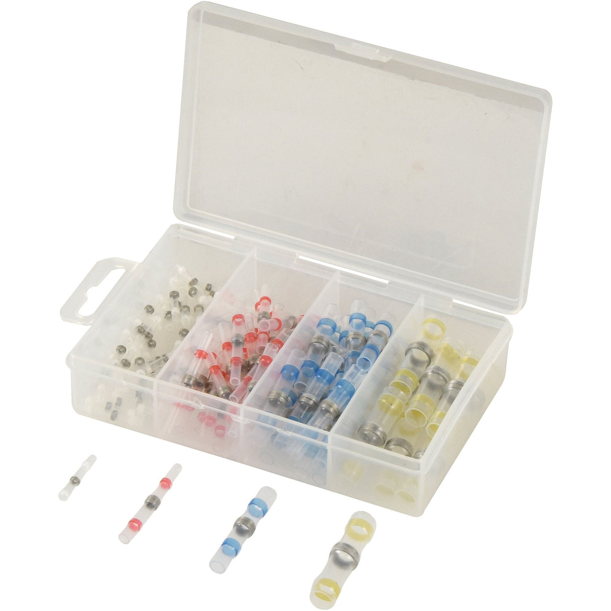 A transparent plastic organizer box from Sparex, containing the Heat Shrink, Double Tin Sleeve Terminal Kit with 90 pieces (S.153131), features four compartments filled with a variety of color-coded electrical butt connectors and heat shrink terminals. Three connectors are neatly arranged in front of the box, ready for use in wire splices.