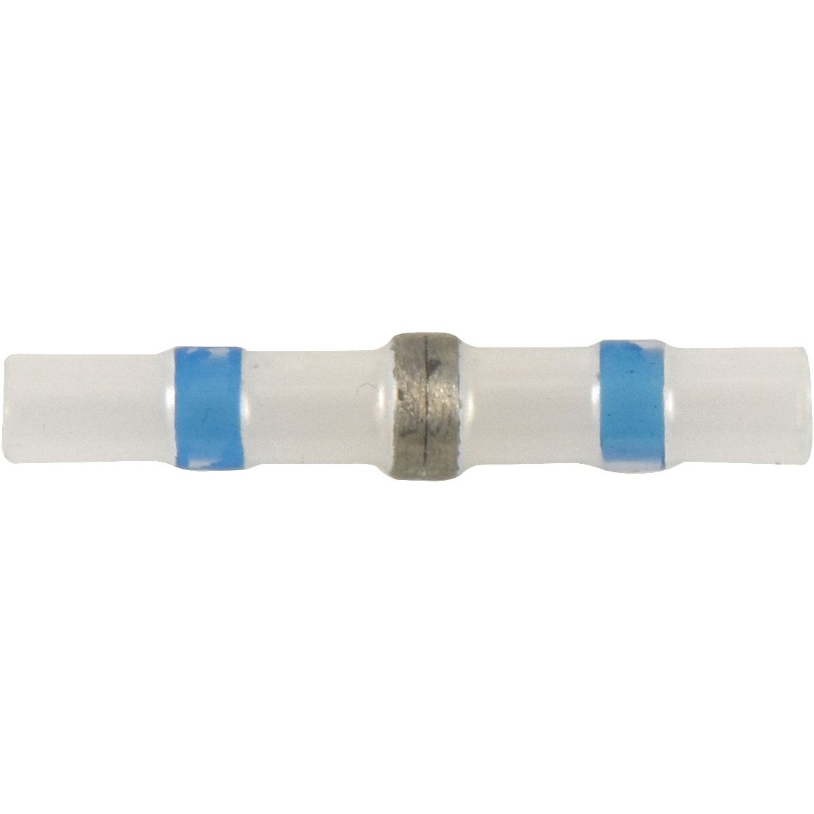 The Sparex Heat Shrink Double Tin Sleeve Terminal Kit, S.153131, includes 90 clear cylindrical electrical connectors featuring blue bands on each end, a metal band in the center, and is designed for secure wire splices with its heat shrink terminal.