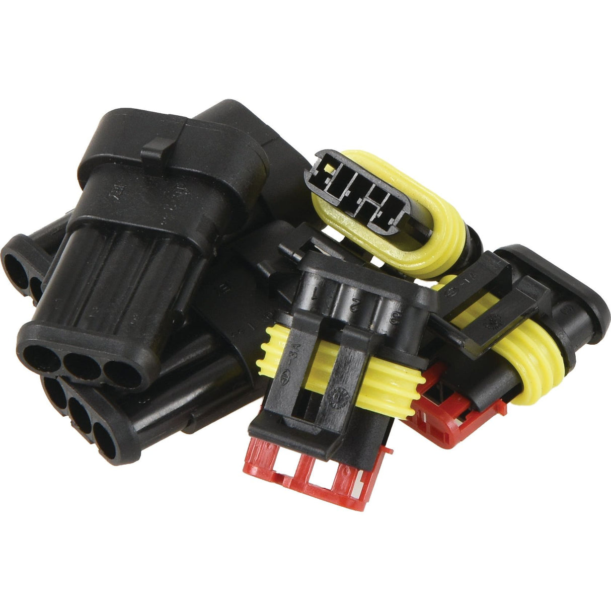 A collection of Italian Superseal 3 Pole Refill connectors (6 pieces) from Sparex, in black, yellow, and red colors lay in a pile, featuring both male and female connectors.