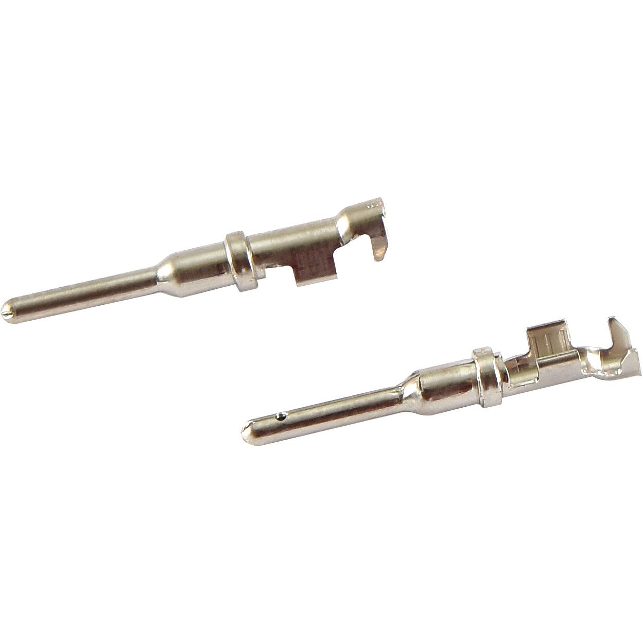 Two metallic pin-style Deutsch connector pins from the Sparex Refill Kit - Deutsch Connector Pins & Sockets (Size Range: 20-16, 0.5mm² - 1.5mm², 70 pcs., Part No. S.153141) are shown on a white background, facing opposite directions with cutout sections near one end of each connector.