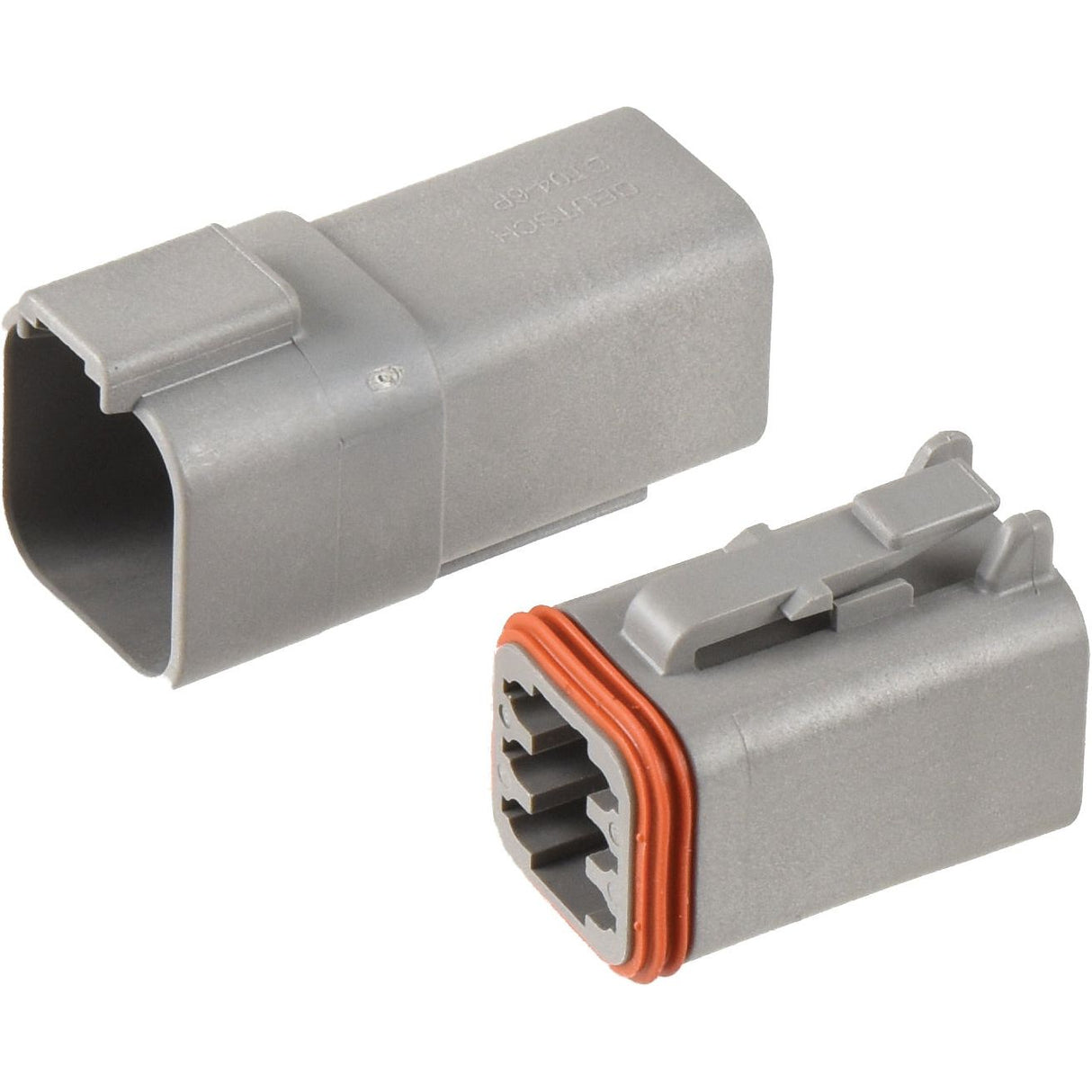 The product image displays two gray Deutsch DT connectors with a red gasket. One connector, the 6 Pole Connector, features a rectangular opening, whereas the other one has two protruding prongs. This OEM reference design ensures compatibility with Sparex-related applications, making "Deutsch DT Connector 6 Pole 4 pcs. (Bag) - S.153145" from Sparex an ideal choice.