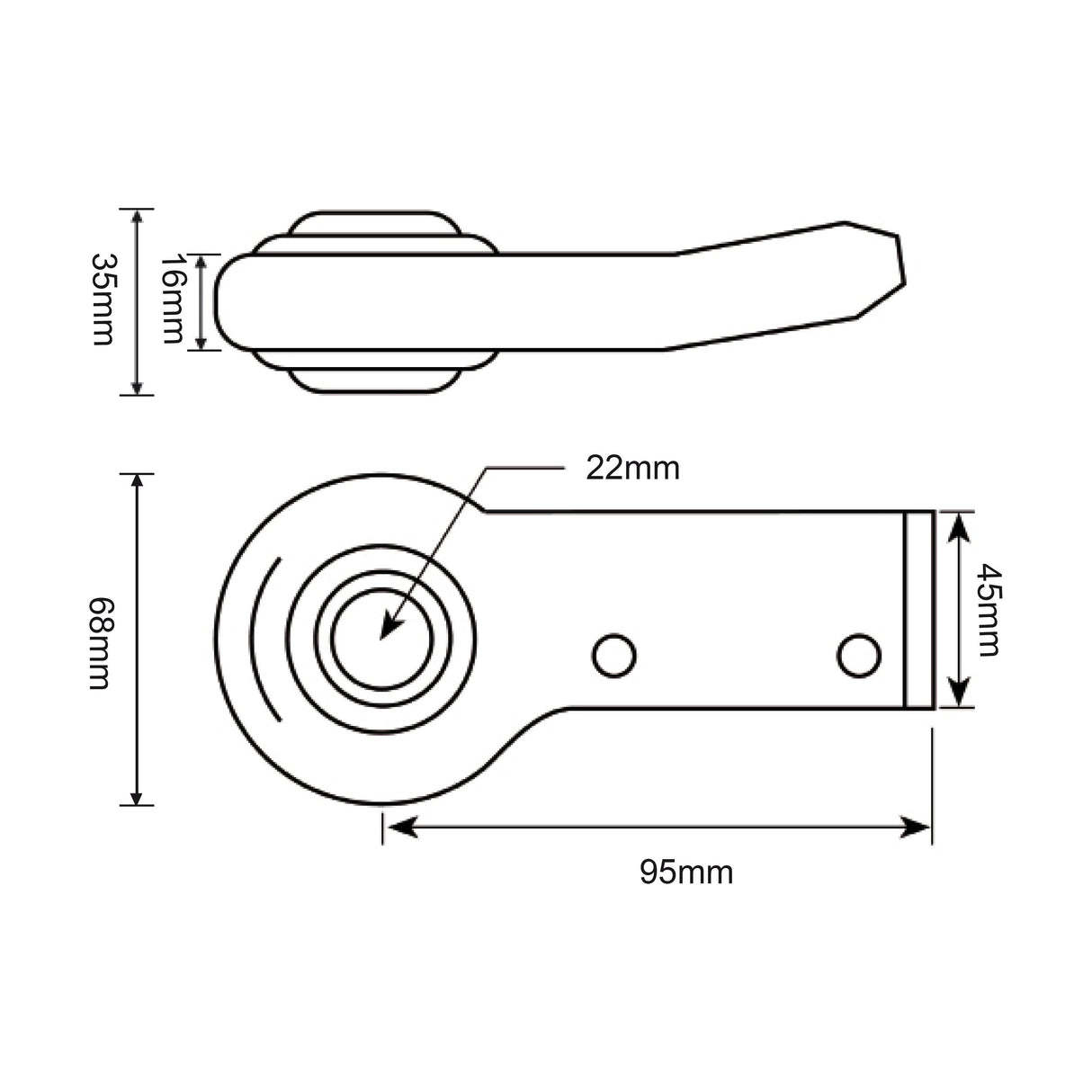 Technical drawing of the Lower Link Weld On Ball End (Cat. 1) LH | Sparex Part No.S.15340:
- Brand Name: Sparex
- Dimensions: 95mm length, 45mm width, 68mm height
- Handle width: 35mm
- Projection: 16mm 
- Bore diameter: 22mm
