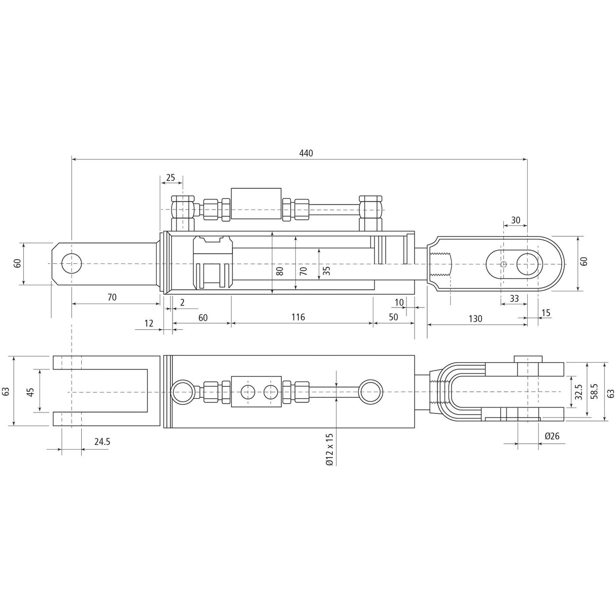 Hydraulic Levelling Box (Supplied with: Hoses), Min. Length: 440mm, Cylinder Bore: 63mm.
 - S.153736 - Farming Parts