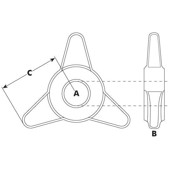 Technical drawing of the Top Link Locking Collar (Cat. 2) - S.15553 by Sparex. It shows dimensions A (central hole diameter), B (shaft length), and C (distance from the center to the end of one spoke) from two different perspectives, compatible with 1 1/4'' UNC specifications.