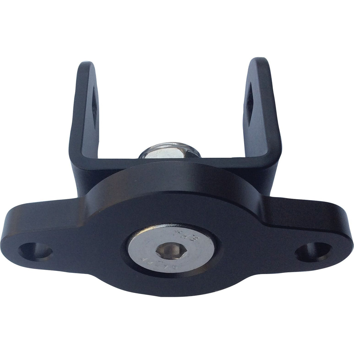 LED Worklight Bracket: Black metal bracket with a cylindrical central component and two prongs extending upward. It features a silver screw in the middle and two mounting holes on the horizontal extension, specifically designed to fit Thomas LED systems (S.130032 & S.130033) and Claas ARION machinery. Available as Sparex Part No.S.156572 from the brand Sparex.