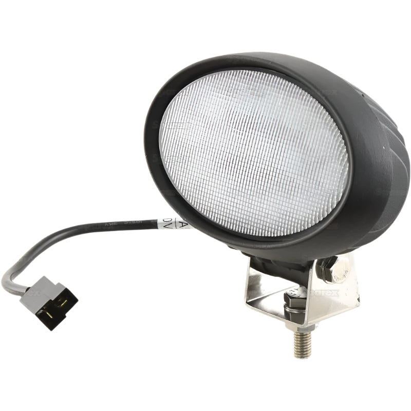 Introducing the Massey Ferguson LED Work Light by Sparex, featuring an oval design with a black casing, a mounting bracket, and an attached wire with a plug. This high-performance light delivers 4500 lumens raw and is compliant with Interference Class 5 standards, operating within a voltage range of 10-30V (Product Code: S.163905). For any questions or ordering information, please contact us.