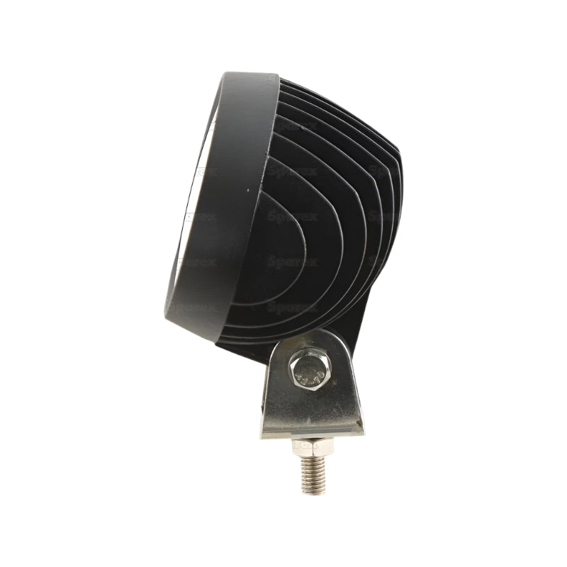 Side view of the Massey Ferguson LED Work Light (S.163905) by Sparex, featuring cooling fins, a black round design, and a metal mounting bracket. For ordering questions, please contact us.