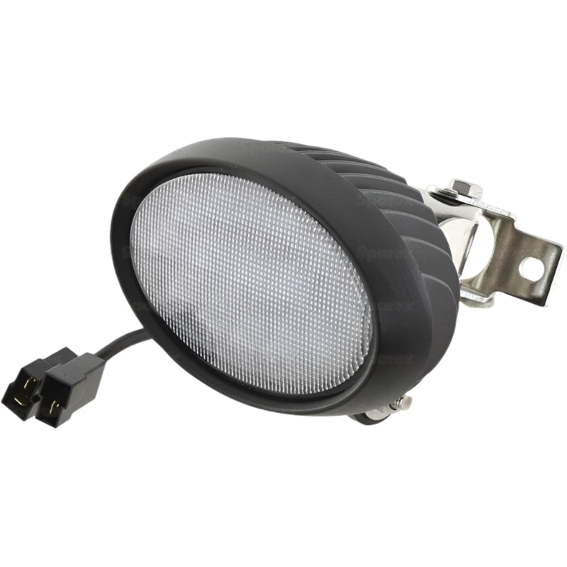 Sparex Massey Ferguson LED Work Light, featuring a black oval design with a textured lens and mounting bracket, complete with a cable and dual-pin connector. This Class 5 interference light delivers 4500 raw lumens and operates within 10-30V. Product reference: S.163906.