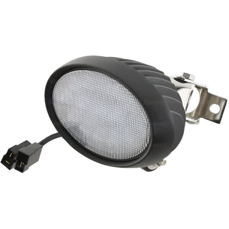 Sparex Massey Ferguson LED Work Light, featuring a black oval design with a textured lens and mounting bracket, complete with a cable and dual-pin connector. This Class 5 interference light delivers 4500 raw lumens and operates within 10-30V. Product reference: S.163906.