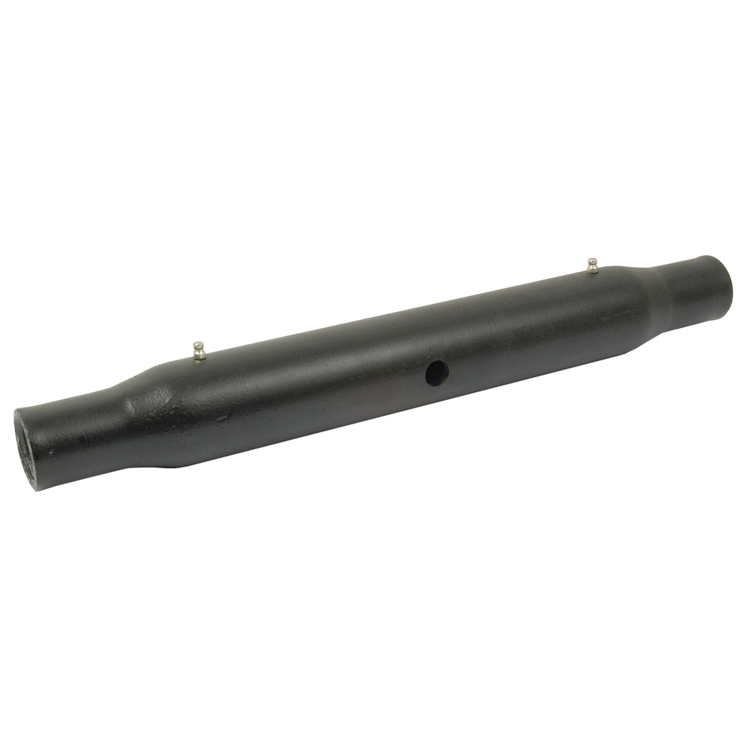 A black cylindrical metal pipe with a hole and two protruding bolts on its surface, designed to metric M36x3 specifications, known as Sparex Top Link Centre Tube - S.16845 - 483mm.