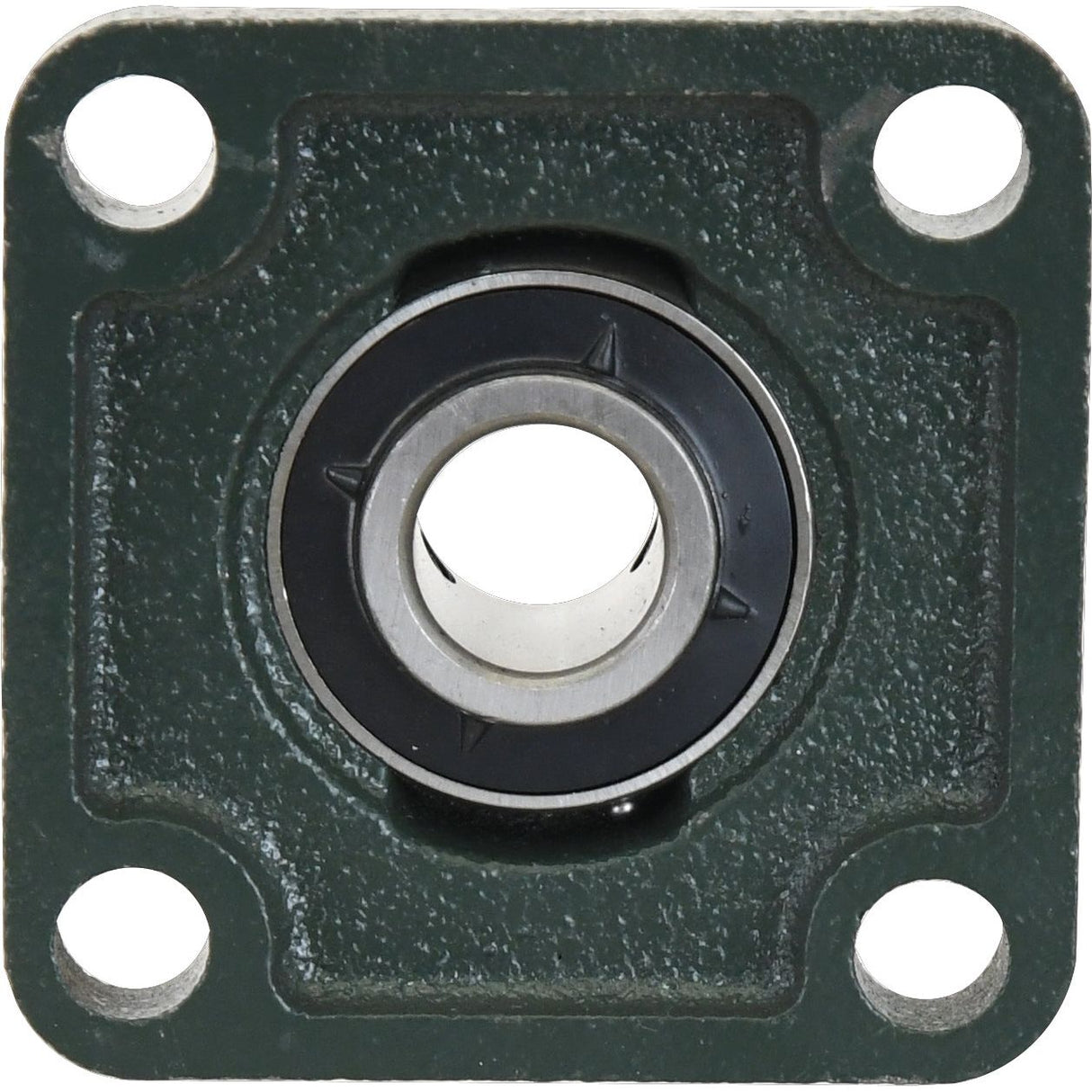 The Sparex Four-Bolt Flanged Unit (UCF204), available under Sparex Part No. S.18400, is a green metal square flange bearing housing that includes a central circular 20mm bearing and four bolt holes at the corners.