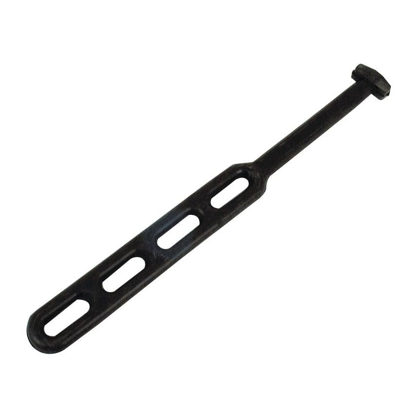 The Sparex Strap Rubber Tensioner 280mm 4 loops - S.18974 features a black plastic strap with three elongated slots, a T-shaped handle at one end, and exceptional elasticity.