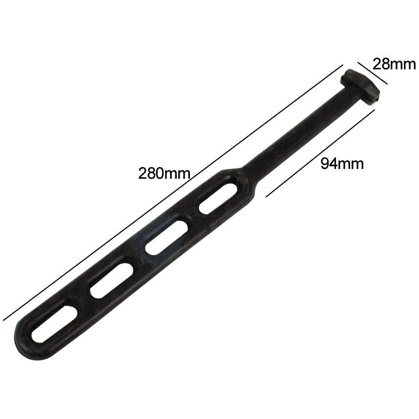 The Strap Rubber Tensioner 280mm 4 loops - S.18974 by Sparex is a black rubber strap measuring 280mm in length and 28mm in width, featuring three slots spaced 94mm apart. It boasts exceptional elasticity for optimal performance.