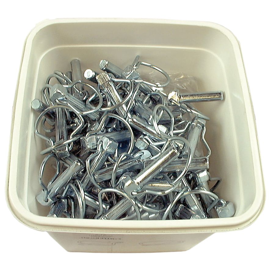 A plastic container from Sparex filled with 150 Pear Linch Pins, Pin Ø11mm x 44.5mm (Small Bucket) | Sparex Part No.S.18.
