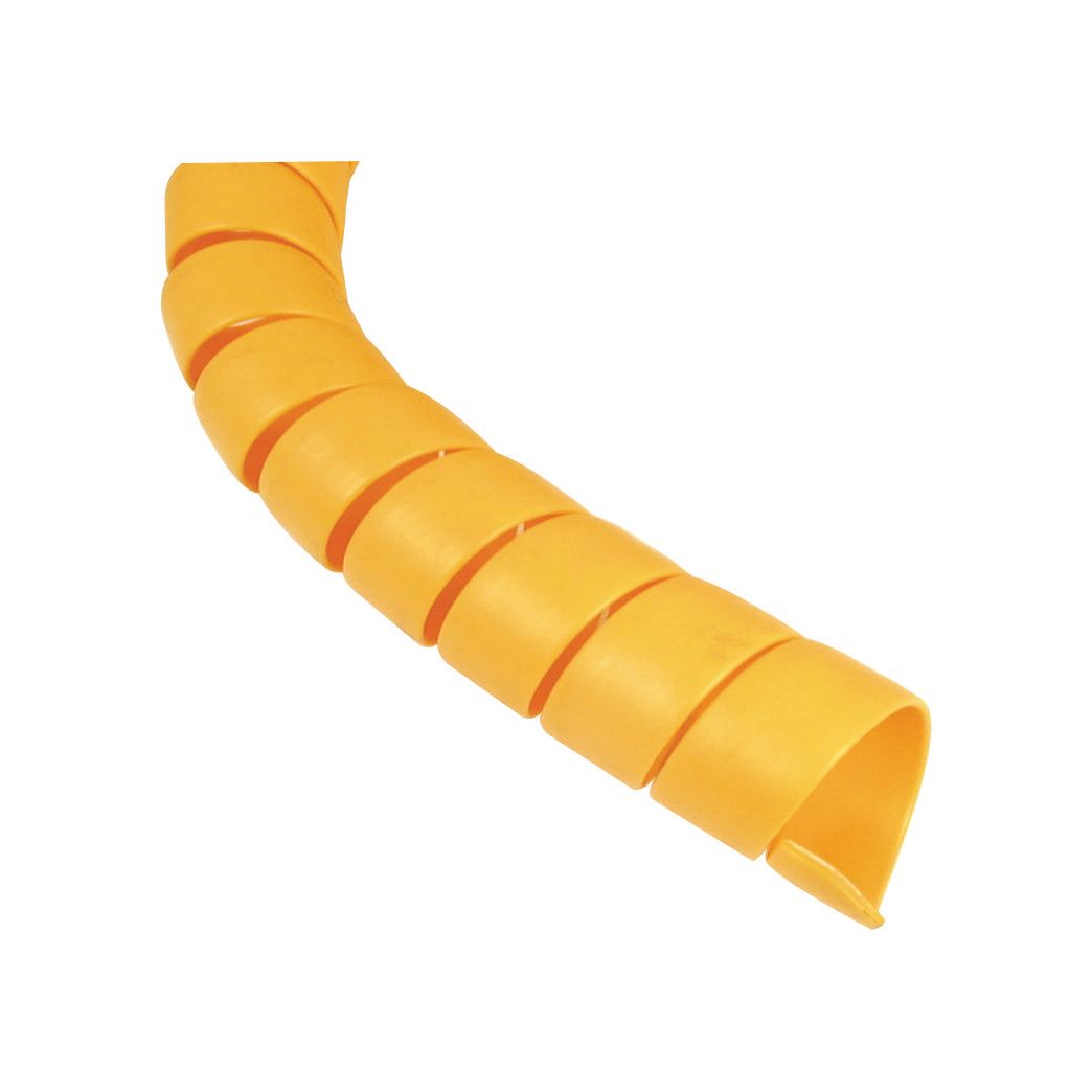 Close-up of the HOSE GUARD COIL-75MM DIA 3M - S.19087 by Sparex, a durable plastic yellow spiral cable wrap used for organizing and protecting cables. The 3m length wrap is coiled in a clockwise direction.