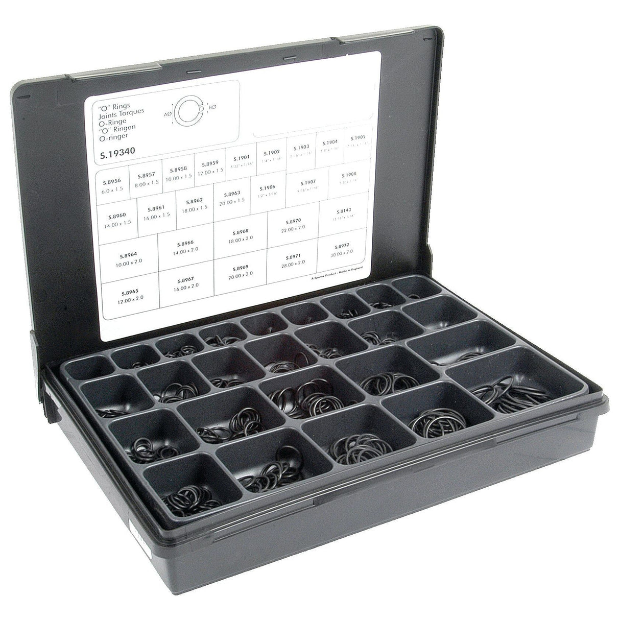 The O'Ring various 870 pcs Compak by Sparex (Part No. S.19340) is a plastic organizer box containing a selection of black O-rings in various sizes, including thin section varieties, and features a chart inside the lid that lists Metric and Imperial specifications and dimensions.