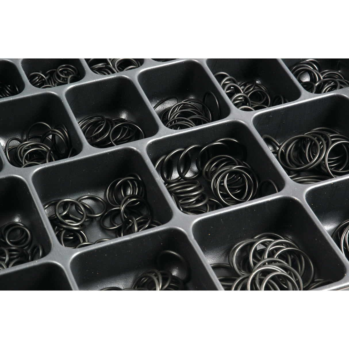 The Sparex O'Ring various 870 pcs Compak (Part No. S.19340) is a storage organizer tray, filled with various sizes of black rubber O'Rings in both Metric and Imperial measurements, neatly arranged in multiple compartments.