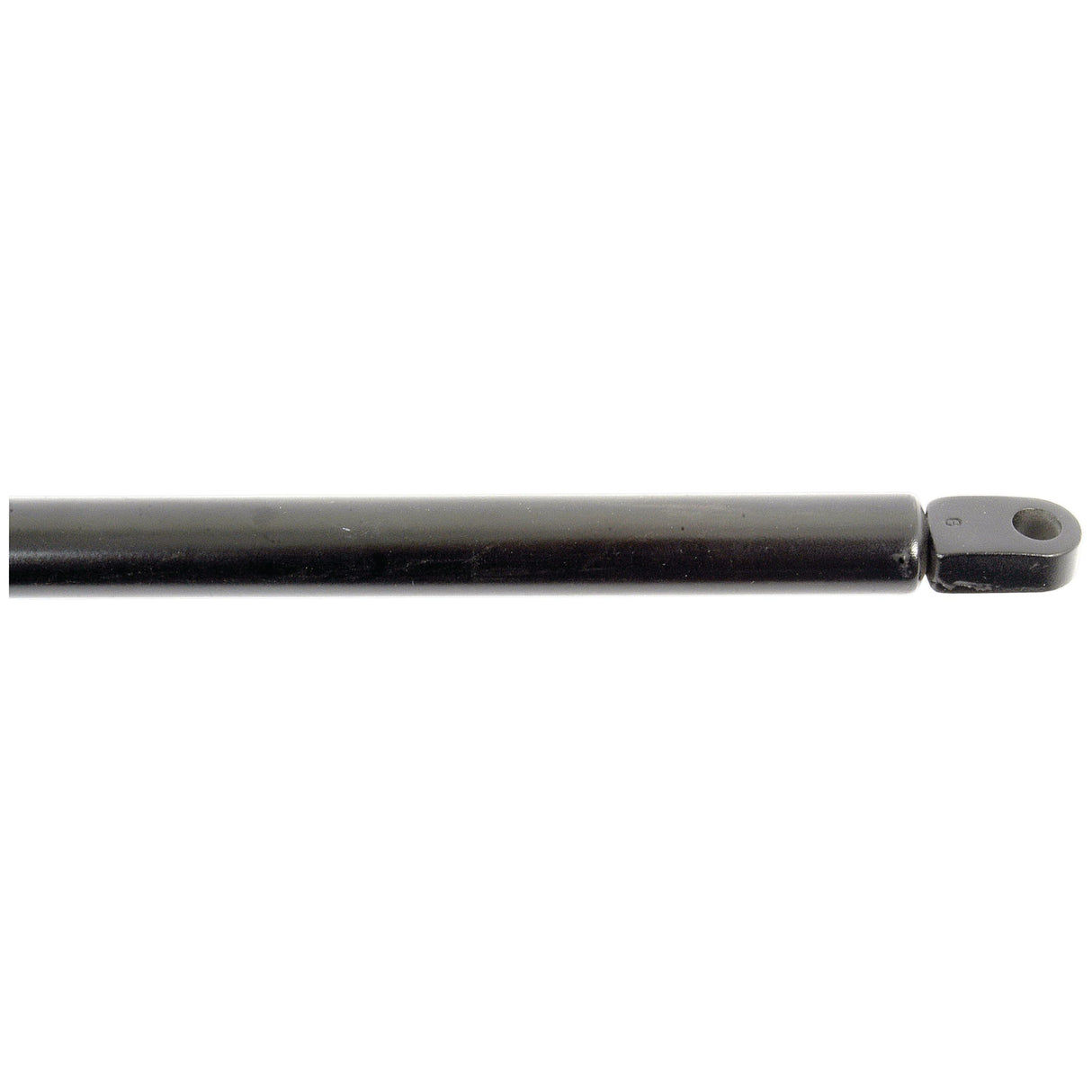 A close-up view of the Sparex Gas Strut (S.19410), a black, cylindrical metal rod with a flat, rectangular end featuring a hole, measuring a total length of 810mm and reminiscent of components used in John Deere hydraulic ram systems.