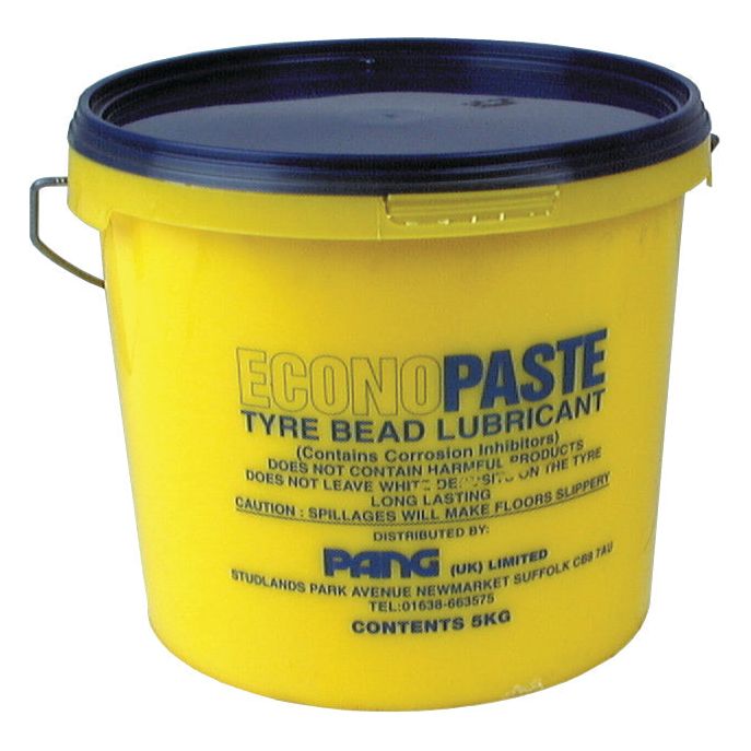 The Econopaste Tyre Bead Lubricant 5kg, Sparex Part No. S.19819, from Sparex features a yellow bucket with a blue lid and includes corrosion inhibitors. It's ideal for tyre mounting and contains warnings about slippery floors if spilled, ensuring quality and safety in every use.