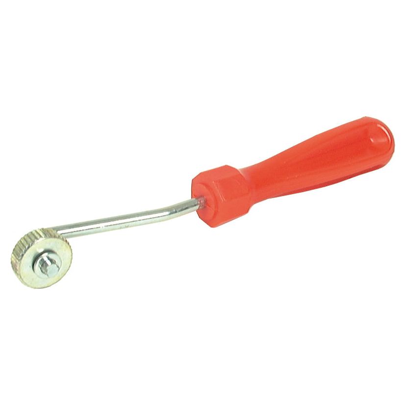 The Tyre Tube Patch Roller, also known as Sparex Part No. S.19823 from the brand Sparex, is a tool featuring a red plastic handle and a metal wheel on the end, typically used for seam pressing or sealing.