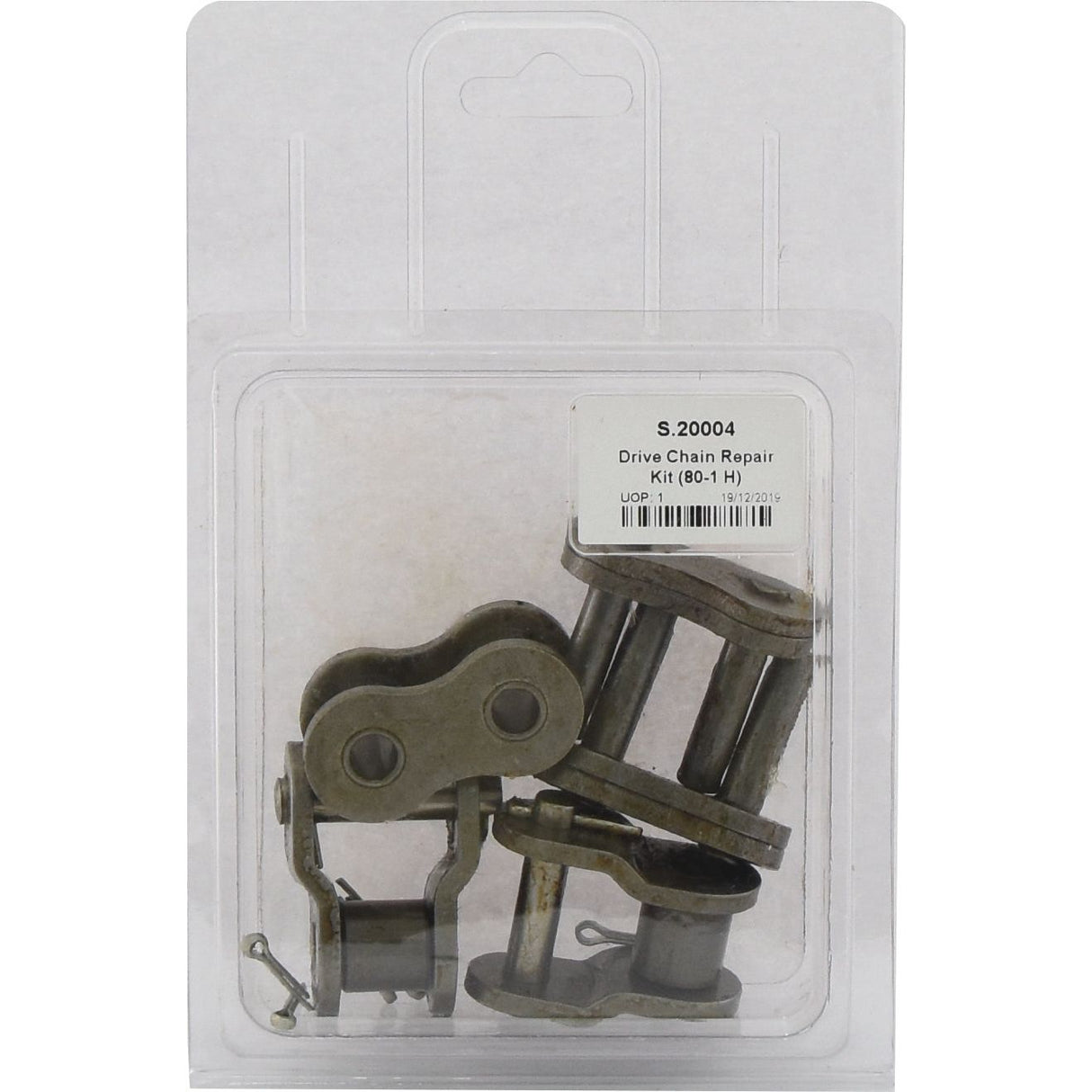 A packaged Sparex Drive Chain Repair Kit (80-1 H), containing metal links and pins, labeled "S.20004.