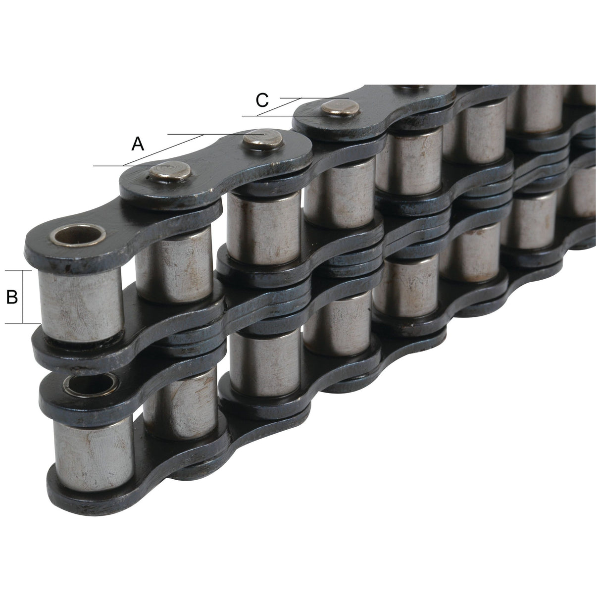 Close-up image of the heavy-duty Sparex Drive Chain - Duplex, 20B-2 (5M), Part No.S.20019, with labeled dimensions A, B, and C, depicting its structure and components.
