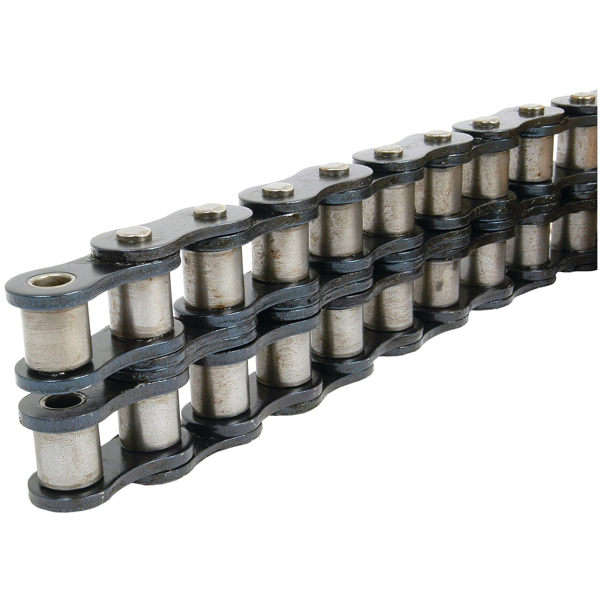 A close-up view of the Sparex Drive Chain - Duplex, 20B-2 (5M) | Sparex Part No.S.20019, showcasing its cylindrical links and connecting link, commonly used in machinery for transmitting mechanical power.