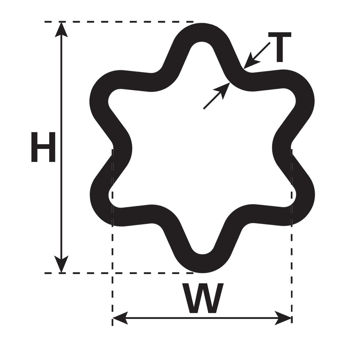 Illustration of the Star Tube, a seven-pointed star-shaped object known as the Rilsan® Coated PTO Tube - Star Profile (product code: S5G - S.20238), from Sparex, with labeled dimensions: height (H), width (W), and thickness (T).