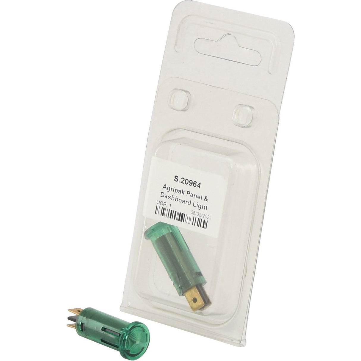 A small green automotive panel and dashboard light with metal spade terminals, packaged in clear polycarbonate plastic branded "Sparex," is labeled "Panel and Dashboard Light - Green (1pc. Agripak)" with item number S.20964.