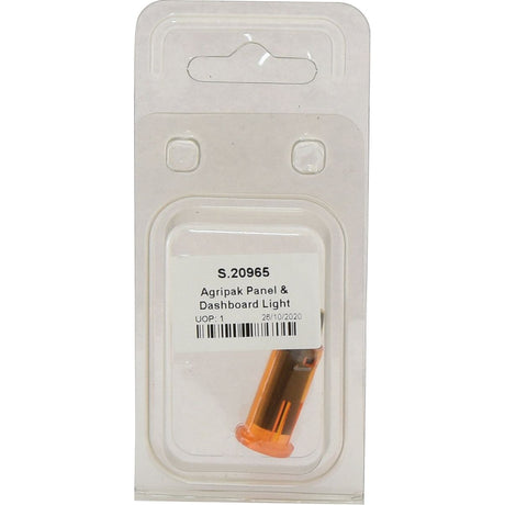Packaging for a Sparex Panel and Dashboard Light (Amber) with a visible orange bulb inside. A white label with product details, including its halogen feature and bar code, is affixed to the plastic packaging. Product name: Panel and Dashboard Light - Amber (1pc. Agripak) - S.20965