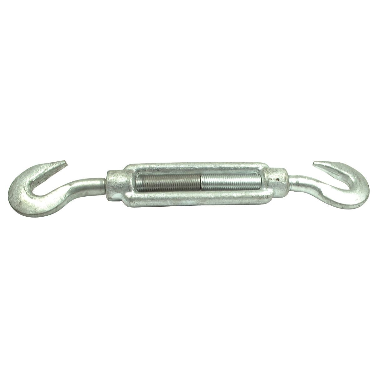 Introducing the Sparex Turnbuckle - Hook/Hook, ⌀: M14 - S.21064, a galvanized turnbuckle featuring open hook ends on each side for precise adjustment of tension or length in ropes, cables, and other tensioning systems. This high-quality Hook/Hook model has a minimum length of 298mm and can handle a maximum load of 540kg.