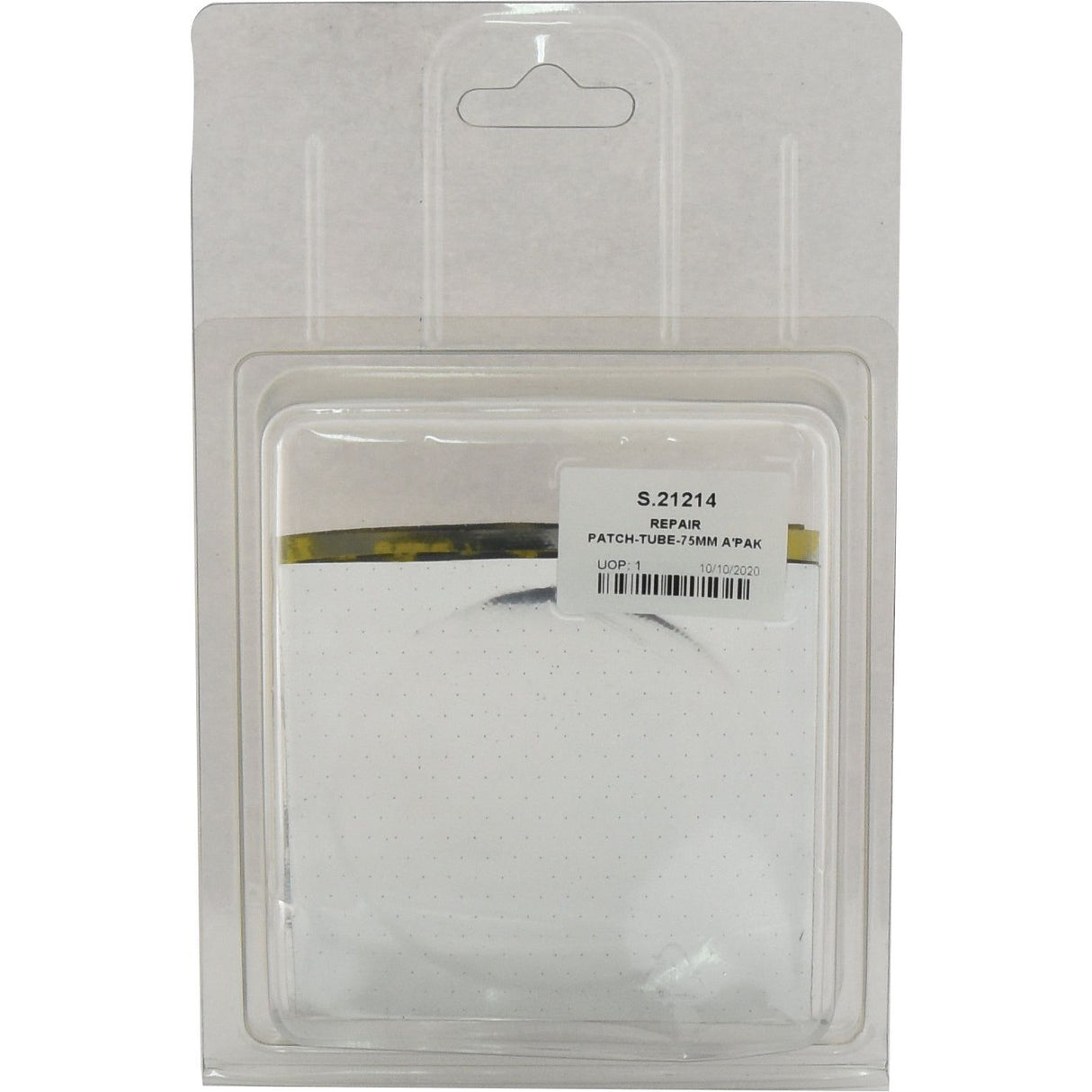 A plastic package from Agripak featuring Sparex REPAIR PATCH-TUBE-75MM A'PAK, Sparex Part No. S.21214, displayed against a white background.