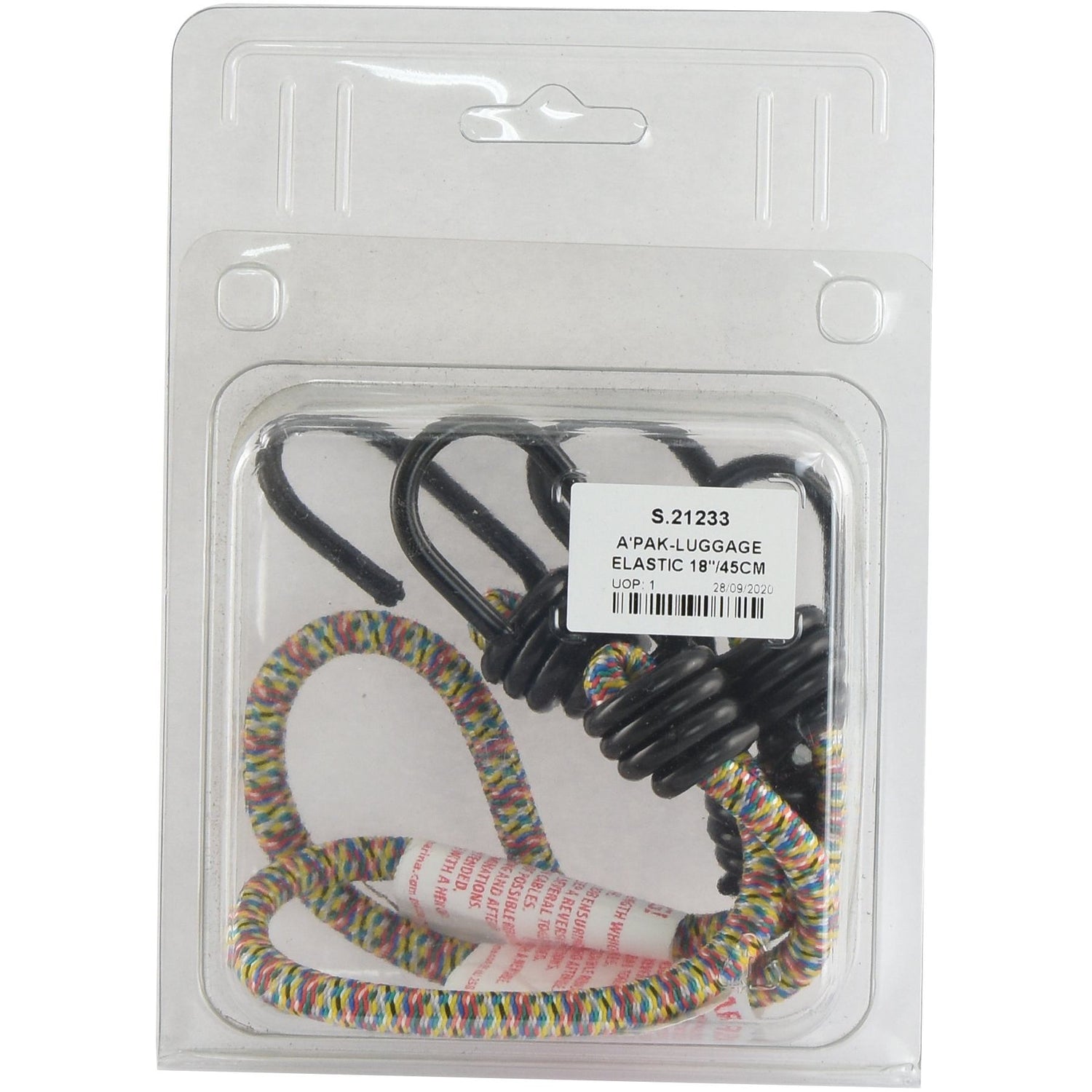 A four-pack of elastic luggage cords with hooks at each end, neatly coiled in clear plastic packaging. The label reads "S.21233 A'PAK-LUGGAGE ELASTIC 18"/45CM." These multicolored cords are made from durable polypropylene and branded with Sparex for quality assurance.