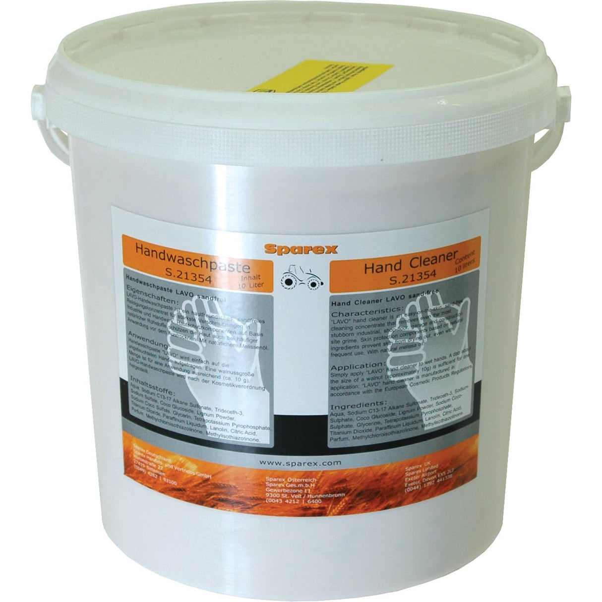 A 10-liter white plastic container labeled "Sparex Hand Cleaner 10 ltr(s) | Sparex Part No.S.21354" in both English and German, featuring an illustration of hands being washed. The container has a handle and a sealed lid, making it convenient for use.