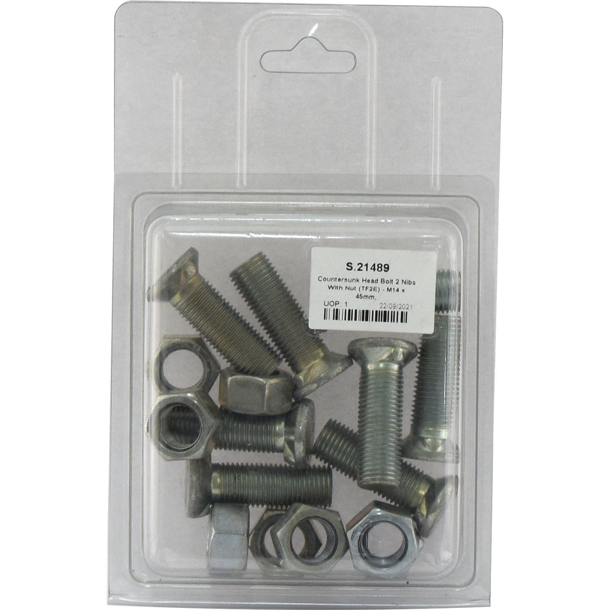A clear plastic package contains various metal bolts and nuts. The label displays "Countersunk Head Bolt 2 Nibs With Nut (TF2E) - M14 x 45mm," "Tensile strength 8.8," "Sparex Part No.S.21489," and indicates that it includes eight pieces in an Agripak.