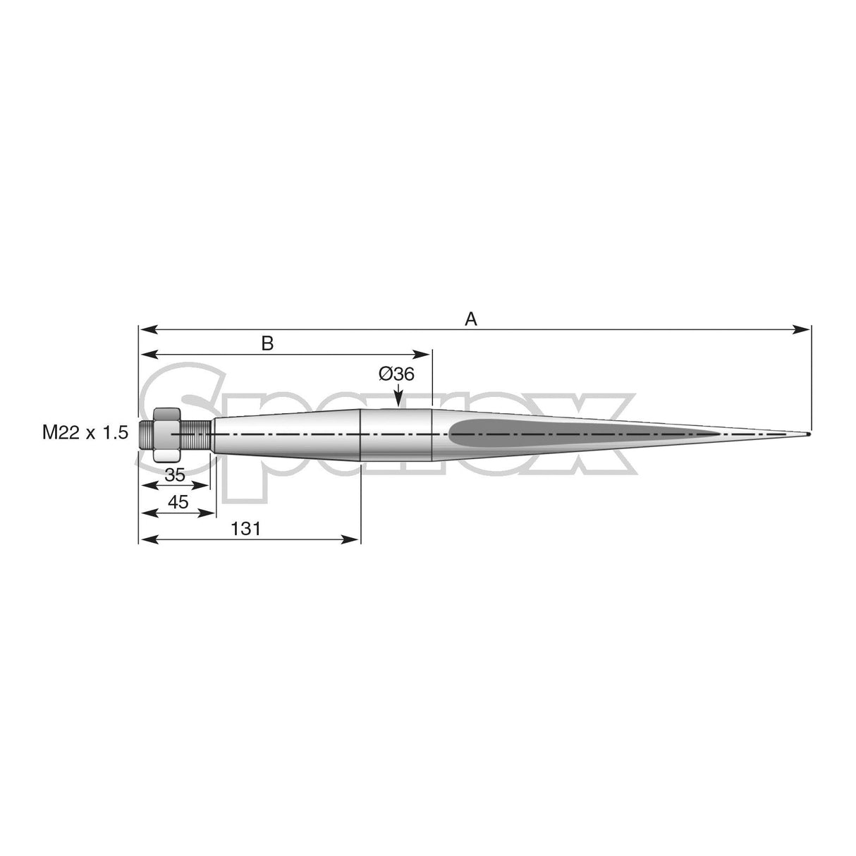 Technical diagram of the Loader Tine - Straight 680mm by Sparex, a cylindrical metal object with dimensions labeled in millimeters, including sections marked as M22 x 1.50 (H - fluted), 45 mm, 35 mm, Maximum Tine Ø36mm, and 131 mm.