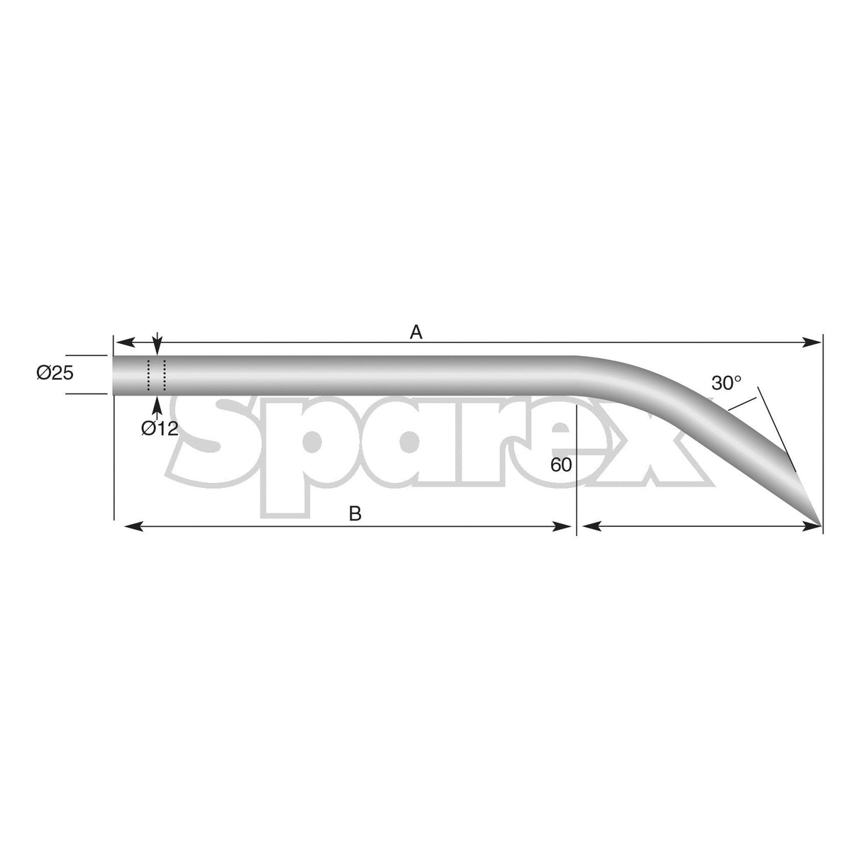 Technical drawing of a Loader Tine - Curved 560mm (Round) - S.21506 from Sparex, featuring a 30-degree bend and labeled with measurements including diameters of Maximum Tine Ø25mm and 12mm, lengths of 60mm, B, and A.