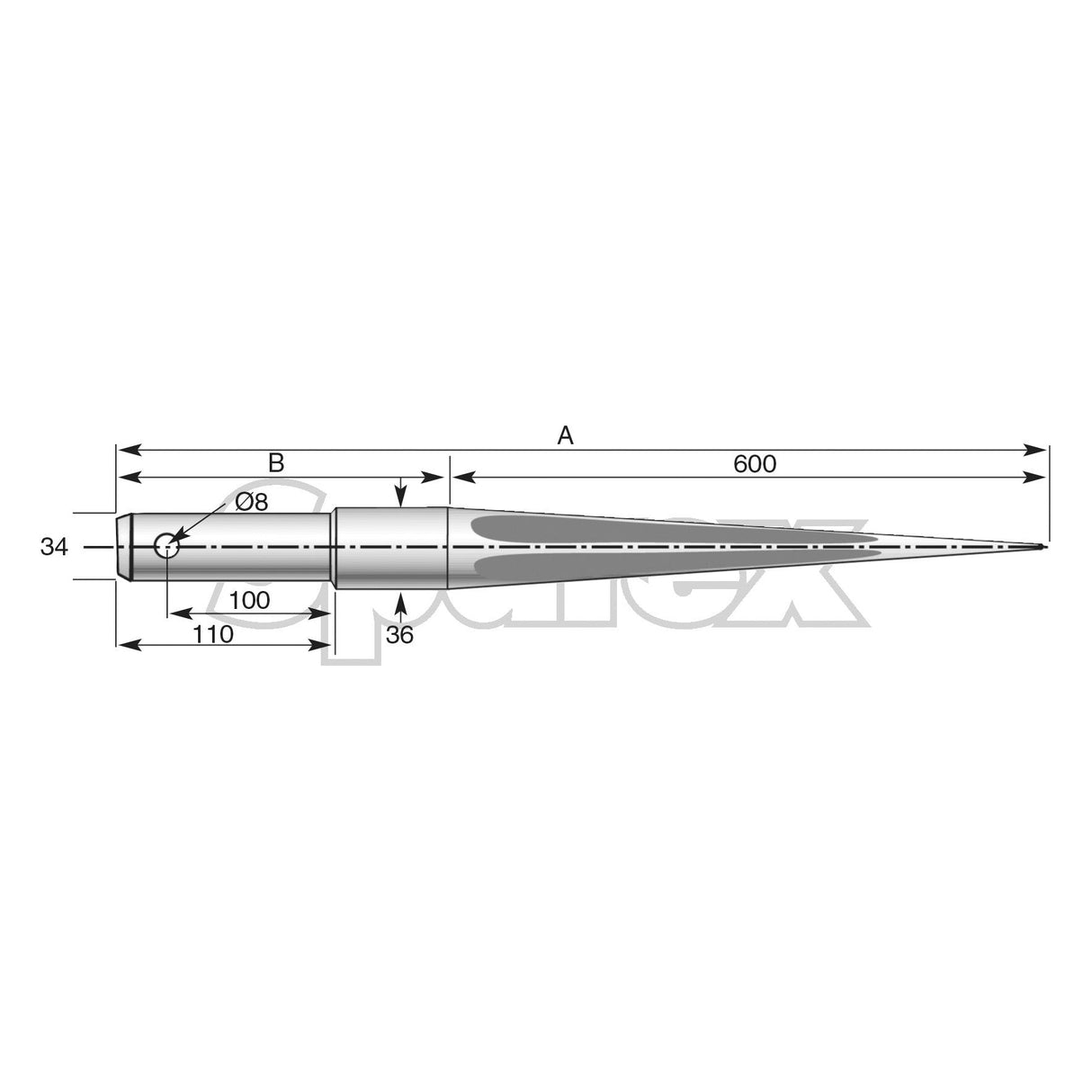 Technical diagram of the Loader Tine - Straight 1,100mm, (Star) - S.21521 by Sparex, a cone-shaped object with dimensions including 600mm length, 34mm maximum tine diameter, and various measurements for other parts labeled A, B, alongside specific pin fittings.