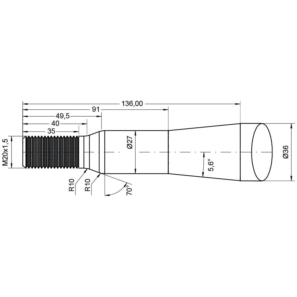 A technical drawing of the Sparex Loader Tine - Straight 800mm (S.21529), featuring detailed dimensions such as lengths, diameters, angles, and a thread size of M20 x 1.50 (Star), capable of withstanding maximum torque for SHW applications.