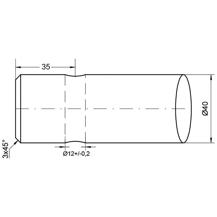 Technical drawing of the Loader Tine - Straight 1,250mm (Star) - S.21533 by Sparex, featuring a cylindrical pin fitting with a diameter of 40 mm, length of 35 mm, and a smaller diameter section of 12 mm. One end features a 45-degree chamfer.