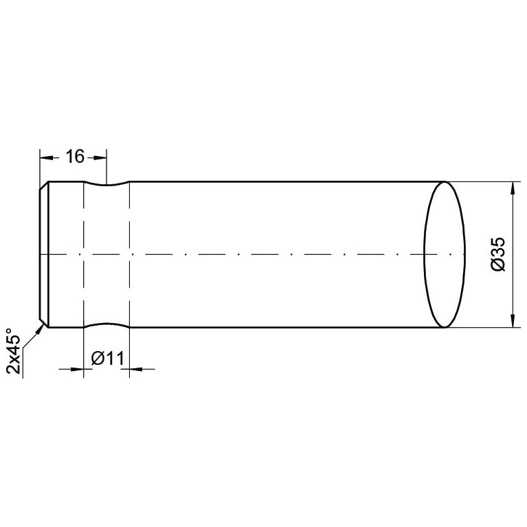 Technical drawing of the Loader Tine - Straight 1,300mm (Star) - S.21536 from Sparex, a cylindrical component with a diameter of 35 units, an internal diameter of 11 units, and a length of 16 units. The design features two 45° chamfers on one end for pin fitting compatibility.