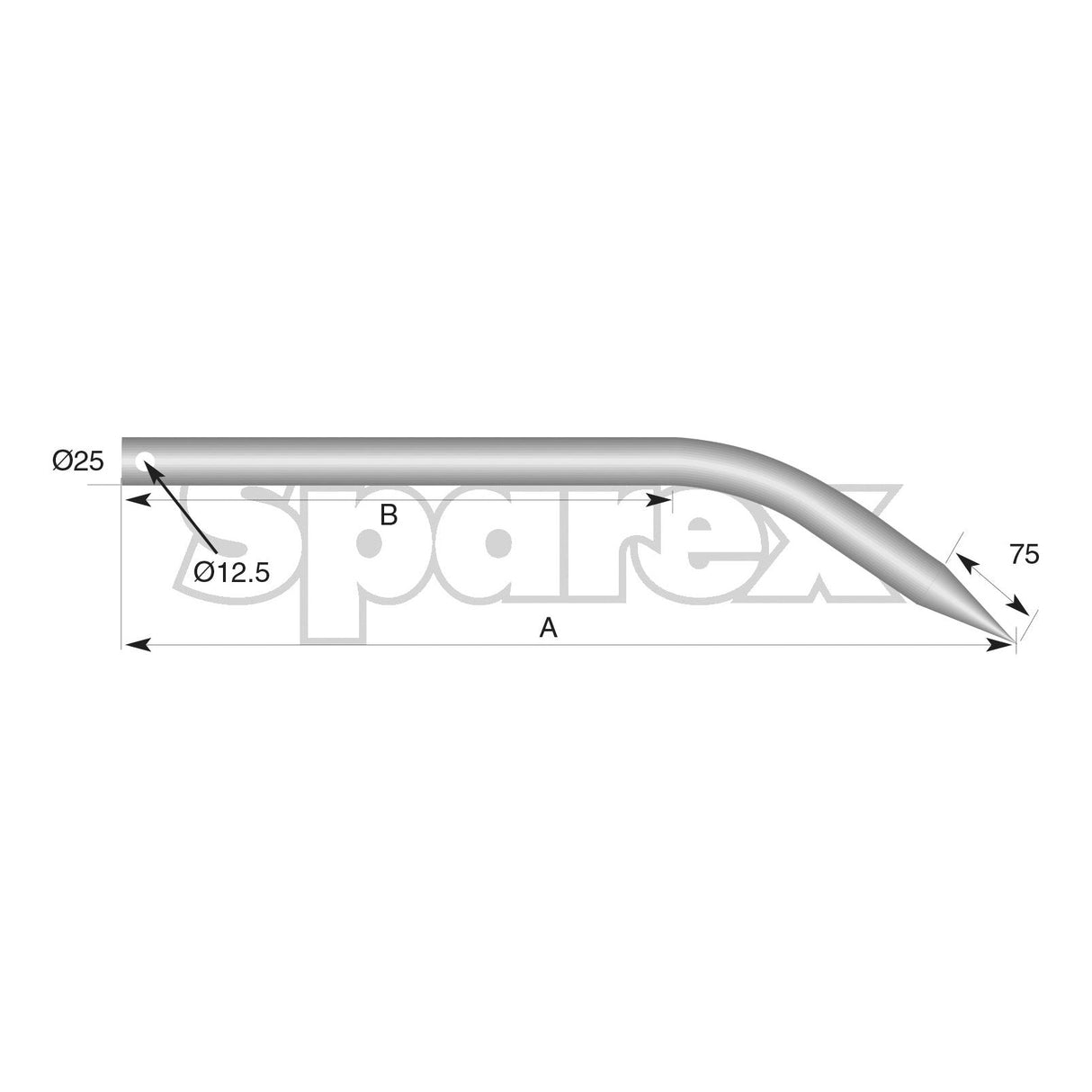 Here is a revised version of the sentence using the given product data:
Diagram depicting the Sparex Loader Tine - Curved 525mm (Round) - S.21537 with a 45-degree bend, displaying dimensions: diameter Ø25, inner diameter Ø12.5, segment B length, overall length A, and a curved tine length of 525mm with a 75mm offset from the bend.