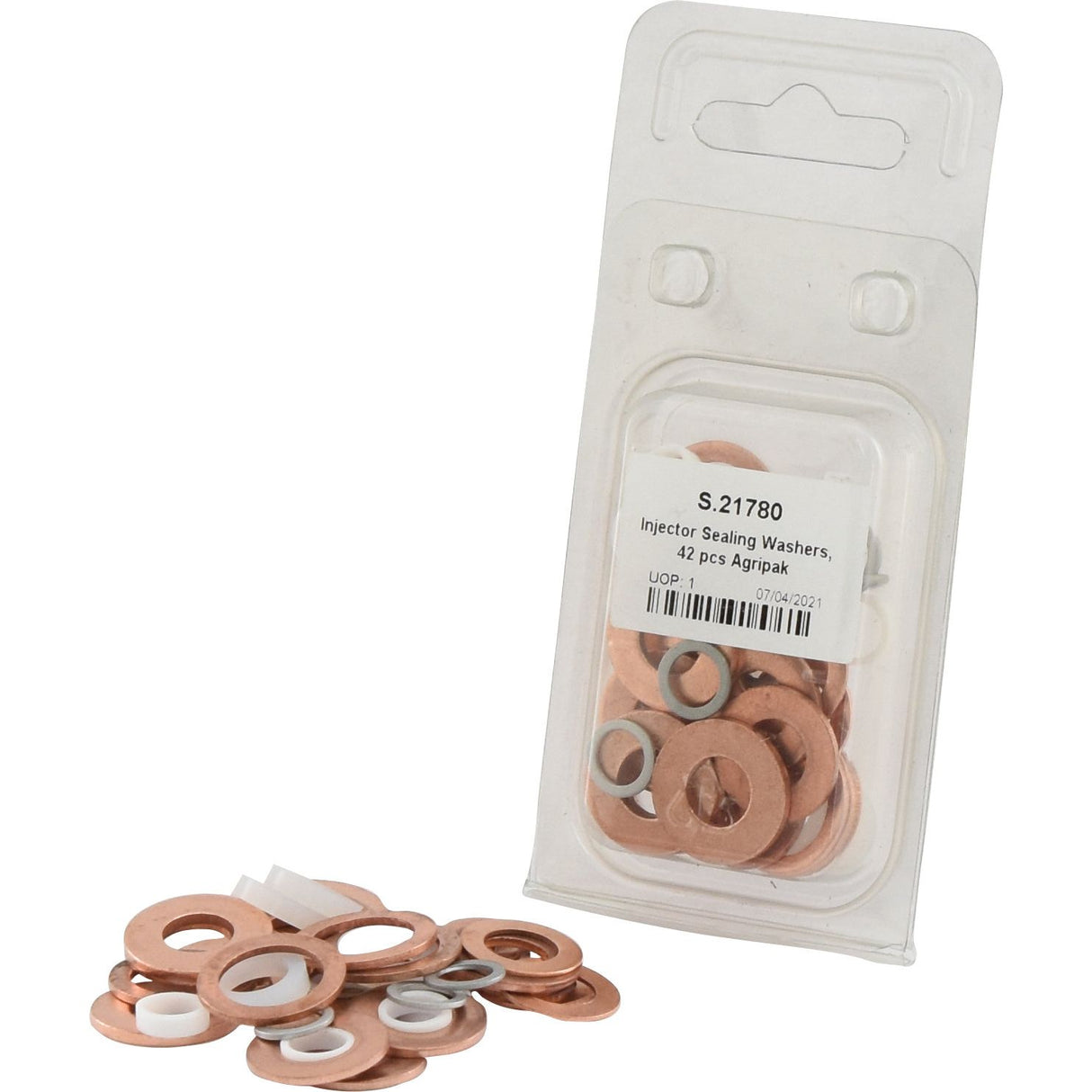 A small plastic package of Injector Sealing Washers with additional washers scattered in front. The package label reads "Injector Sealing Washers (Agripak 42 pcs.) | Sparex Part No. S.21780" by Sparex.
