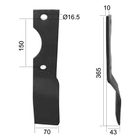 Rotavator Blade Twisted RH 70x10mm Height: 365mm. Hole centres: 150mm. Hole⌀: 16.5mm. Replacement for Alpego
 - S.21982 - Farming Parts