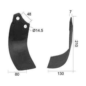 Rotavator Blade Curved RH 80x7mm Height: 210mm. Hole centres: 48mm. Hole⌀: 14.5mm. Replacement for Maschio
 - S.21997 - Farming Parts